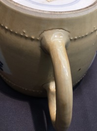 A Chinese blue and white on caf&eacute; au lait ground teapot and cover, Kangxi