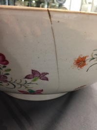 A massive Chinese famille rose export porcelain bowl with flowers, Qianlong, 18th C.