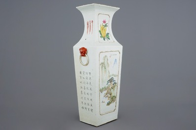 Un vase rectangulaire en porcelaine de Chine qianjiang cai aux immortels et paysages, 19/20&egrave;me