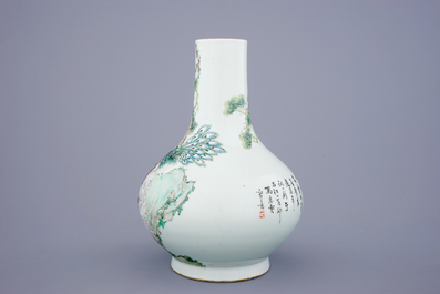 A Chinese qianjiang cai peacock and cranes vase, signed Ma Qing Yun, 19/20th C.