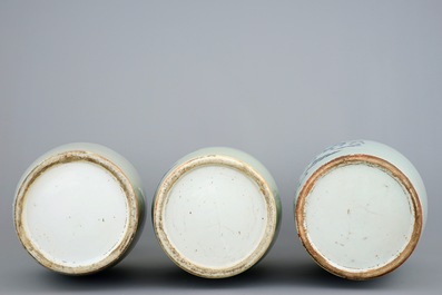 Three tall Chinese blue and white on celadon ground vases, 19th C.