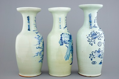 Three tall Chinese blue and white on celadon ground vases, 19th C.