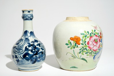 A Chinese famille rose ginger jar and a blue and white bottle vase, Qianlong/Jiaqing