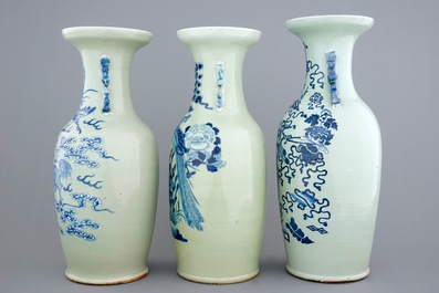 Three tall Chinese blue and white on celadon ground vases, 19th C.