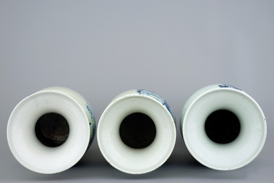 Three tall Chinese blue and white on celadon ground vases, 19th C.