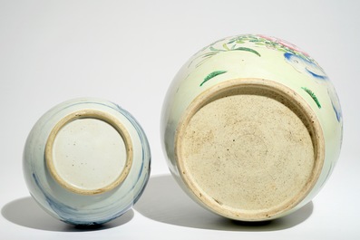 A Chinese famille rose ginger jar and a blue and white bottle vase, Qianlong/Jiaqing