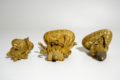 A set of three Chinese gilt bronze figures of Tara and Buddha, 18/19th C.