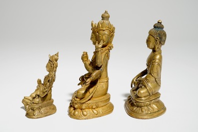 A set of three Chinese gilt bronze figures of Tara and Buddha, 18/19th C.