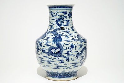 A large Chinese blue and white "dragon" hu vase, 19th C.