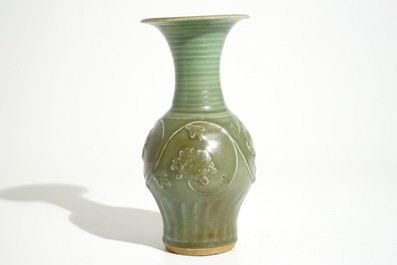 A Chinese Longquan celadon "peony" vase, late Song or Ming