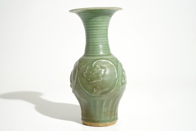 A Chinese Longquan celadon "peony" vase, late Song or Ming