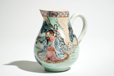 A fine Chinese famille rose milk jug and a cup and saucer, Yongzheng/Qianlong