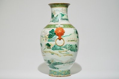 A tall Chinese famille verte vase with landscape and calligraphy design, 19th C.