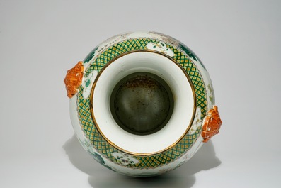 A tall Chinese famille verte vase with landscape and calligraphy design, 19th C.