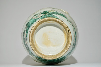 A tall Chinese famille verte vase with landscape and calligraphy design, 19th C.