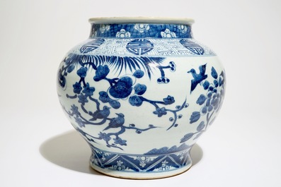 A Chinese blue and white baluster-shaped "phenix" jar with shou symbols, 19th C.