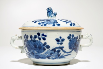 A Chinese blue and white covered bowl with ears, Kangxi