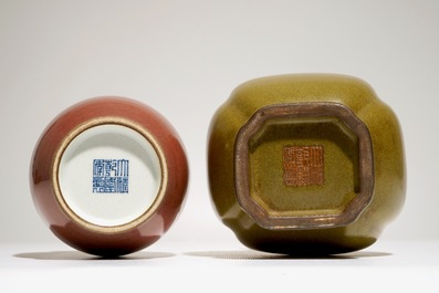 A Chinese tea-dust-glazed vase and a liver-red glazed vase, 20th C.
