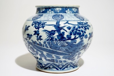 A Chinese blue and white baluster-shaped "phenix" jar with shou symbols, 19th C.