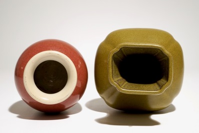 A Chinese tea-dust-glazed vase and a liver-red glazed vase, 20th C.
