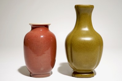A Chinese tea-dust-glazed vase and a liver-red glazed vase, 20th C.