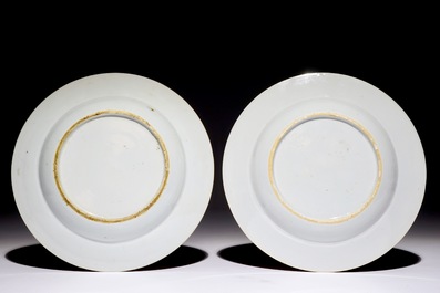 A pair of Chinese famille rose ruby ground rooster plates, Yongzheng