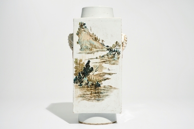 A Chinese square qianjiang cai vase with landscape designs, 20th C.