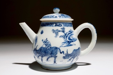 A Chinese blue and white "buffalo riding" teapot, Yongzheng
