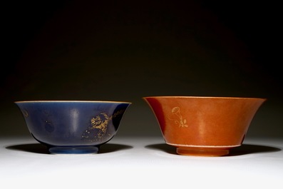 Two Chinese gilt on powder blue and coral red bowls, 18/19th C.