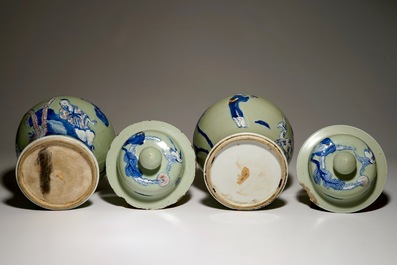 A pair of Chinese celadon, copper-red and underglaze blue vases and covers, Kangxi
