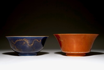 Two Chinese gilt on powder blue and coral red bowls, 18/19th C.