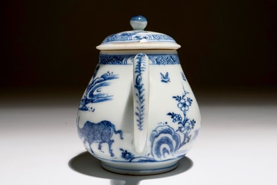 A Chinese blue and white "buffalo riding" teapot, Yongzheng