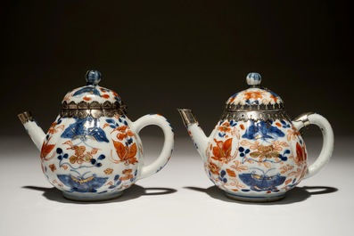 A pair of Chinese silver-mounted gilt Imari-style teapots and covers, Kangxi
