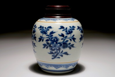 A Chinese blue and white jar with wooden cover, Kangxi