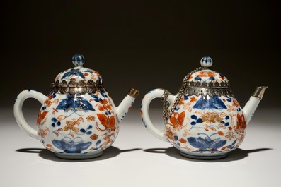 A pair of Chinese silver-mounted gilt Imari-style teapots and covers, Kangxi