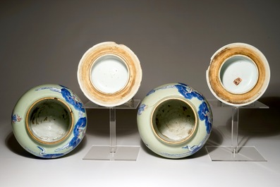 A pair of Chinese celadon, copper-red and underglaze blue vases and covers, Kangxi