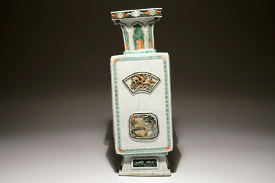 A square Chinese famille verte vase with applied panels, Kangxi