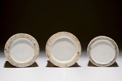 Three Chinese Canton rose medallion relief-decorated and pierced brushpots, 19th C.