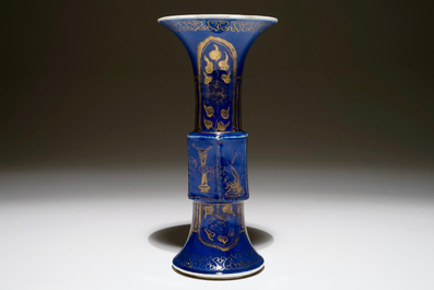 Een Chinese bleu poudr&eacute; gu vaas met verguld decor, Kangxi