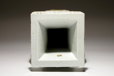 A square Chinese famille verte vase with applied panels, Kangxi