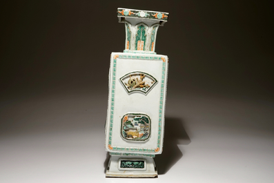 A square Chinese famille verte vase with applied panels, Kangxi