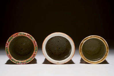 Three Chinese Canton rose medallion relief-decorated and pierced brushpots, 19th C.