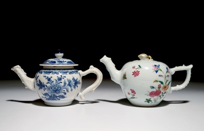 Two Chinese teapots and covers in blue and white and famille rose, Qianlong