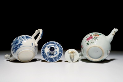 Two Chinese teapots and covers in blue and white and famille rose, Qianlong