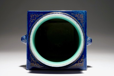 A Chinese famille rose on powder blue ground cong vase, 19th C.