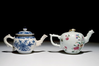 Two Chinese teapots and covers in blue and white and famille rose, Qianlong