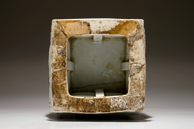 A square Chinese famille verte vase with applied panels, Kangxi