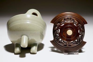 A Chinese tripod celadon censer with jade-inset wooden cover, 19th C.