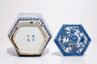 A Chinese hexagonal blue and white covered jar with landscape design, 19th C.
