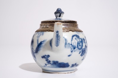 A Chinese silver-mounted blue and white covered teapot, Kangxi